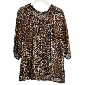 Express Womens Blouse Small Brown Animal Print Chiffon Ruffled Front 3/4 Sleeve